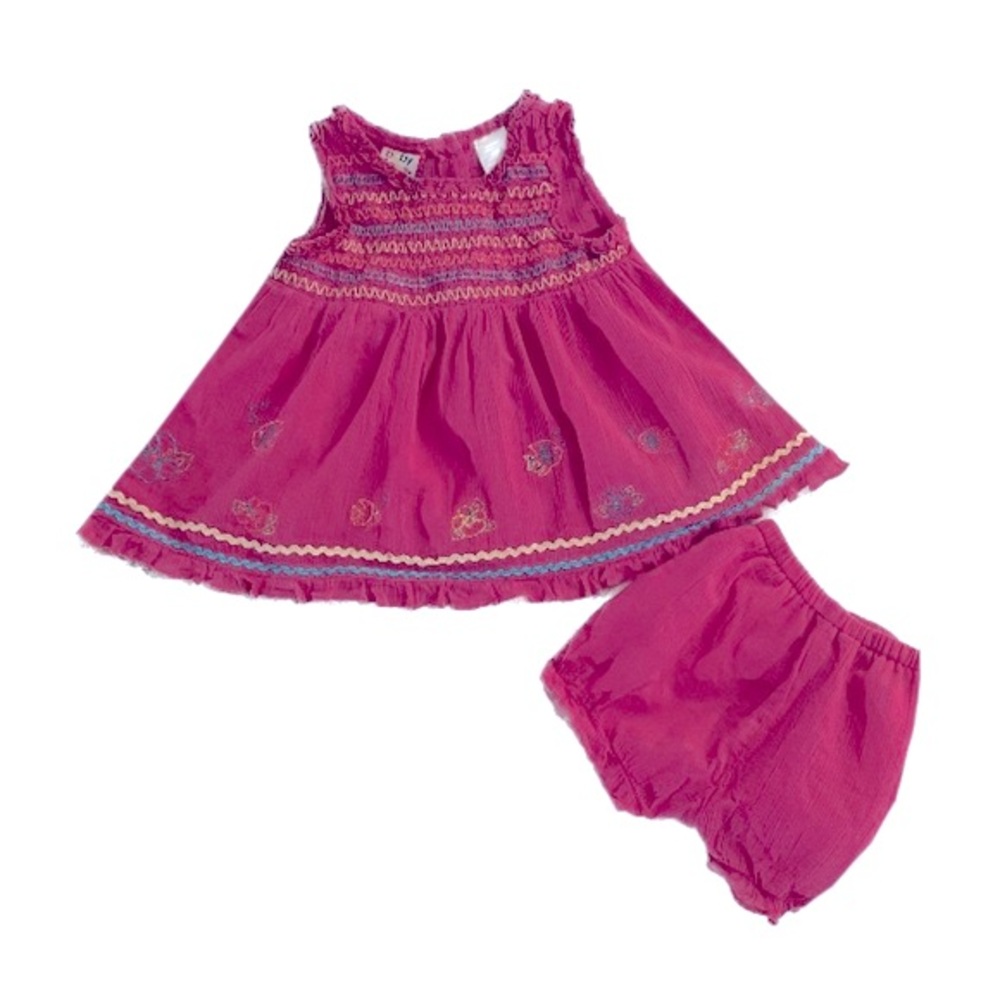 BabyTogs Pink Muslin Shirred Dress 3-6 m, Fish and Flower Embroidery Outlines